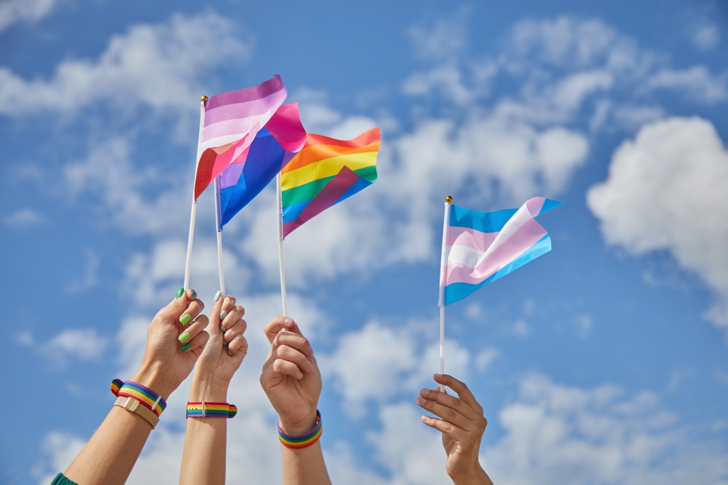 Four people holding up handheld pride flags in the sky, only their forearms and hands are visible. Flags include the lesbian, bisexual, transgender, and LGBTQ rainbow flags against a blue sky background with some clouds.
